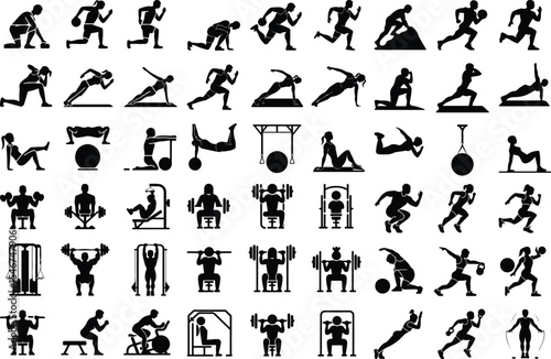 Workout Icons Silhouette Collection – Bodybuilding & Exercise Poses Gym Workout Pose Icon Silhouette Set – Fitness Action Vector Pack