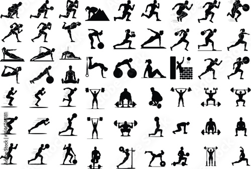 Workout Icons Silhouette Collection – Bodybuilding & Exercise Poses Gym Workout Pose Icon Silhouette Set – Fitness Action Vector Pack
