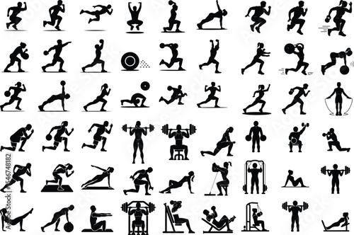 Workout Icons Silhouette Collection – Bodybuilding & Exercise Poses Gym Workout Pose Icon Silhouette Set – Fitness Action Vector Pack