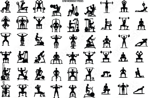 Workout Icons Silhouette Collection – Bodybuilding & Exercise Poses Gym Workout Pose Icon Silhouette Set – Fitness Action Vector Pack