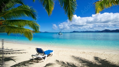 Tropical beach scene white sand blue sea palm trees and sailboat free beach background