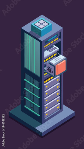 Isometric illustration of a data server rack representing data processing and storage