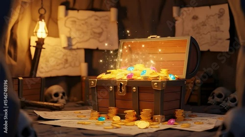 Opening Treasure Chest Filled with Gold Coins and Jewels in a Cave