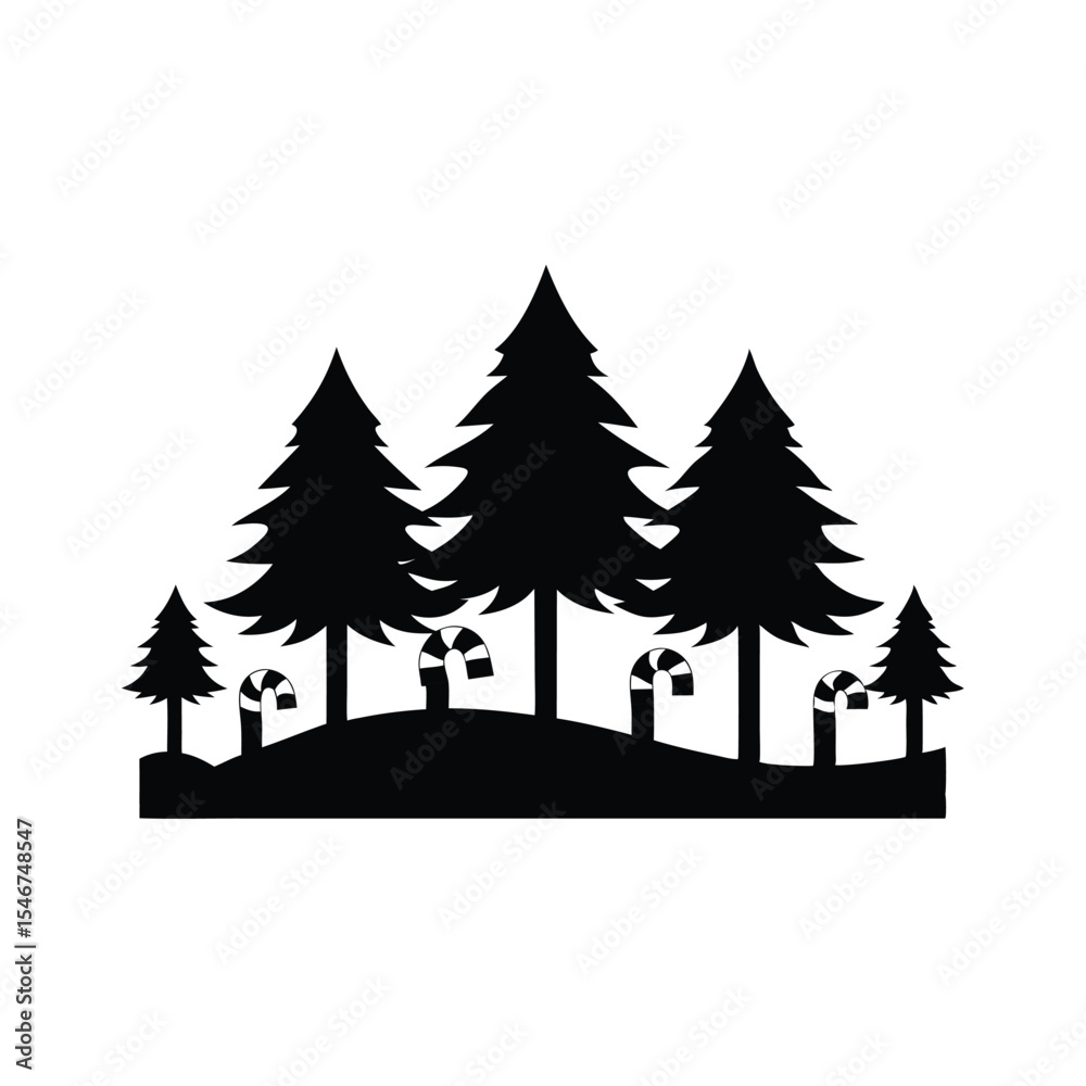 Fototapeta premium Silhouette Holiday Scene with Candy Canes and Evergreen Trees A Festive Christmas or Winter Design Featuring Black Silhouettes Against a White Background