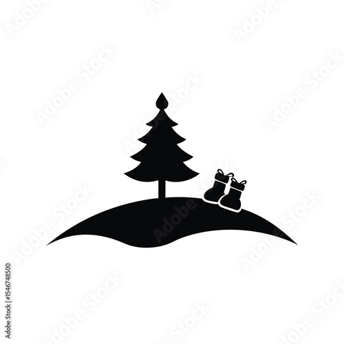 Festive Holiday Scene Silhouette of a Christmas Tree on a Snow Covered Hill with Adorable Christmas Stockings Evoking a Sense of Winter Holiday Cheer and Anticipation