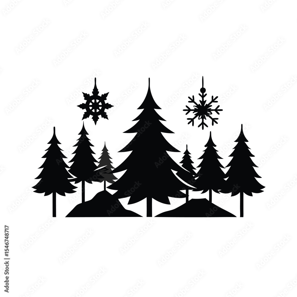 Fototapeta premium Enchanting Forest Silhouette A Winter Wonderland Scene with Snowflakes and Evergreen Trees Creating a Peaceful and Festive Holiday Atmosphere Perfect for Seasonal Greetings and Decorations