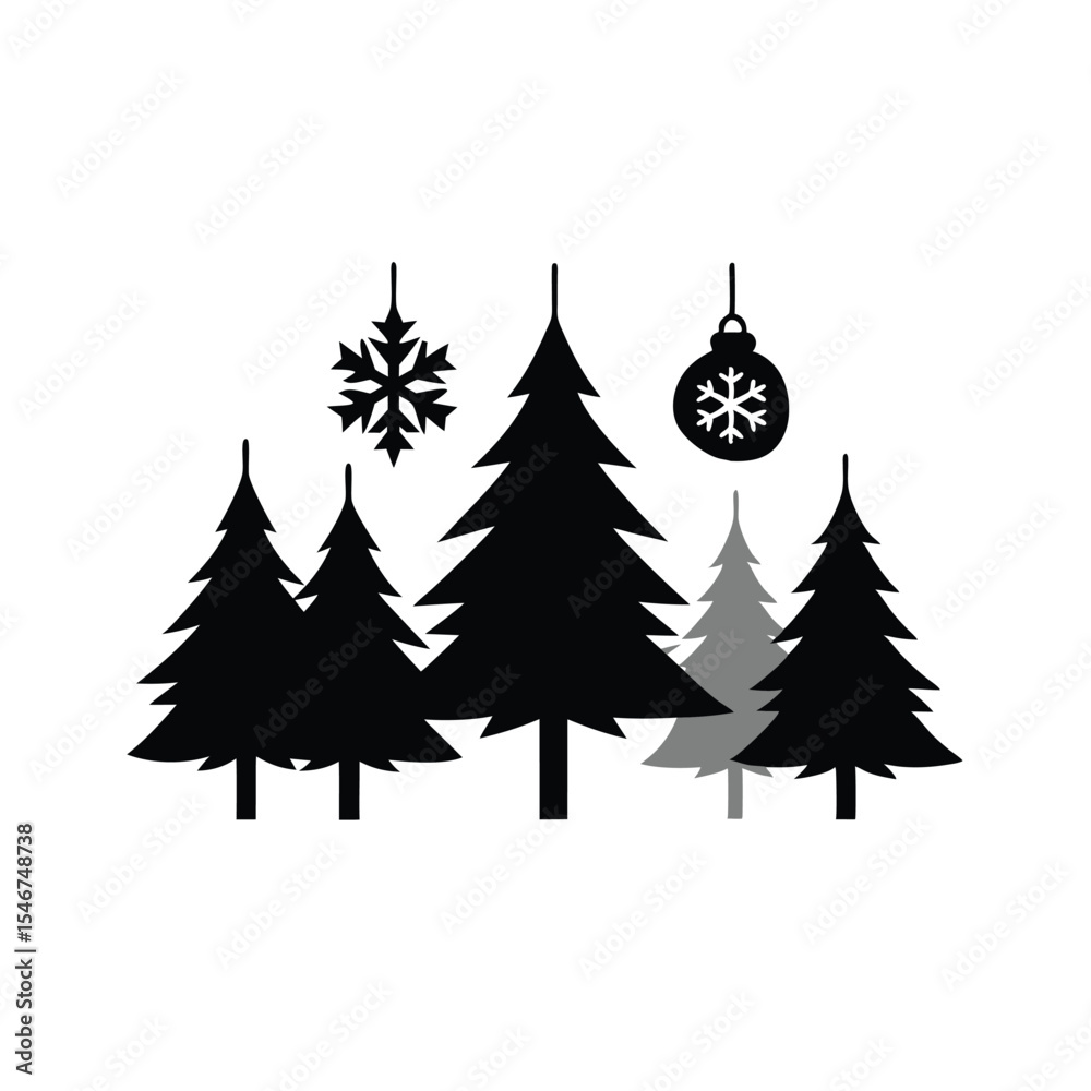 Fototapeta premium Festive Winter Forest Silhouette with Snowflakes and Ornament Black Evergreen Trees Convey a Holiday Ambiance with a Minimalist Design Perfect for Seasonal Greetings and Decorations