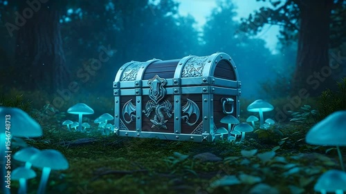Finding Wooden Chest in Fantasy Forest with Glowing Mushrooms
