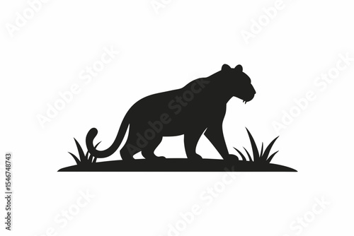 Wild Panther Profile Silhouette with Green Grass Bas