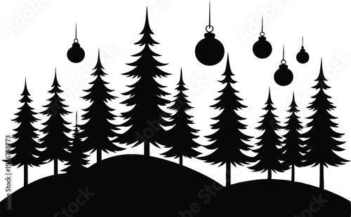Winter Forest Silhouette with Ornamentation Black and White Scene featuring a serene forest landscape adorned with hanging ornaments showcasing the peaceful atmosphere of winter in monochrome