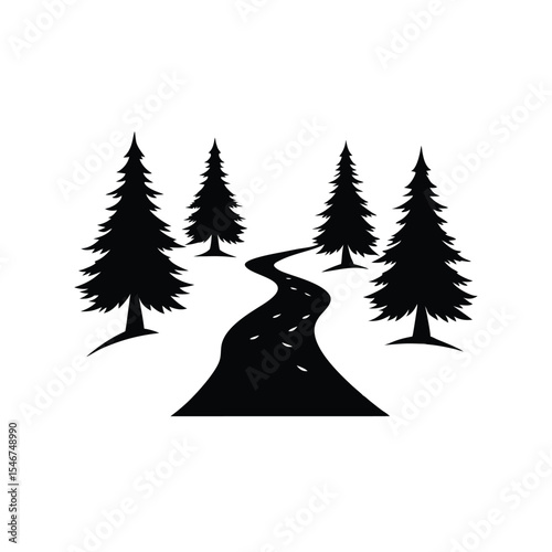 Captivating Silhouette of a Serene Forest Landscape Majestic Evergreen Trees Flanking a Winding River Creating a Peaceful and Enchanting Natural Scene Drawing the Viewer Deeper