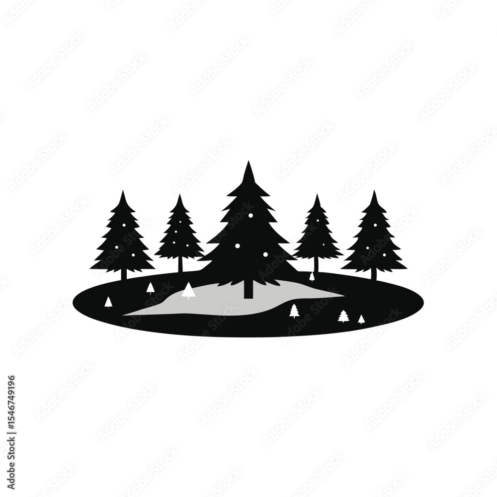 Fototapeta premium Scenic Forest Illustration with Evergreen Trees and a Pond on a White Background Depicting Natural Beauty and Serenity in Simple Art
