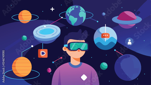 Man experiencing virtual reality in futuristic space with planets and technology elements