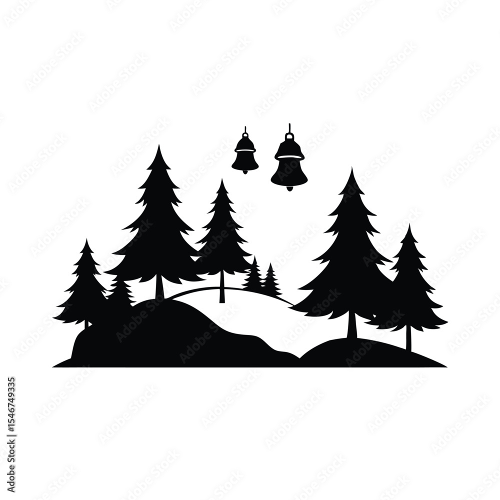 Obraz premium Enchanting Silhouette of a Winter Forest Landscape Evergreen Trees and Two Christmas Bells Creating a Festive and Magical Ambience in a Holiday Season Still Life