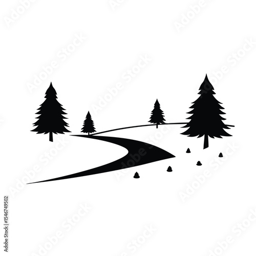 Serene Winding Path Through Evergreen Forest Black and White Landscape Illustration