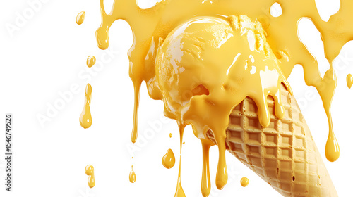 Melting Yellow Ice Cream Scoop Cone isolated on a transparent background