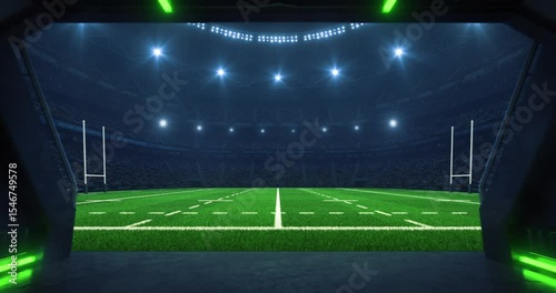 Entrance to a sports stadium full of cheering fans with a rugby pitch before a league match. Professional sports 4k video for advertisement background.