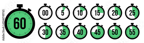 Stopwatch timer countdown clock icon set with 0 to 60 minutes vector illustration. Perfect for timers, health, fitness, marketing and app Ui graphics. Stopwatch icons flat vector.