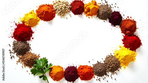 Vibrant spices and herbs arranged in oval frame on white background