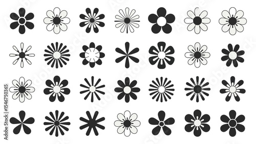 collection of 30 black and white floral motifs with intricate petal shapes, decorative patterns, and elegant symmetrical designs