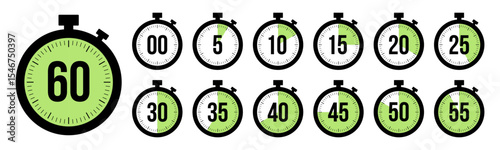 Stopwatch timer countdown clock icon set with 0 to 60 minutes in green color. Perfect for timers, health, fitness, marketing and app Ui graphics. Stopwatch icons flat vector.