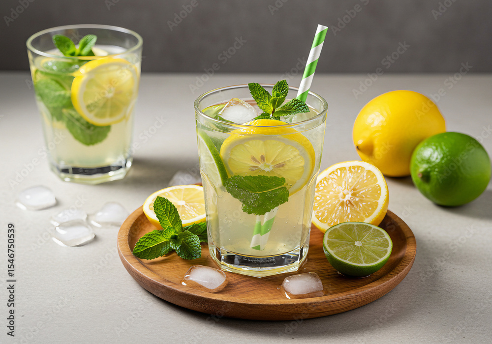 Fototapeta premium Refreshing Mojito Lemonade with Lemon, Lime, Mint, and Ice on Wooden Plate – Summer Citrus Drink with Sunlight and Fruits