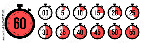 Stopwatch timer countdown clock icon set with 0 to 60 minutes in red color. Perfect for timers, health, fitness, marketing and app Ui graphics. Stopwatch icons flat vector.