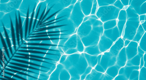 Palm leaf shadow casting across the crystal clear water in a swimming pool