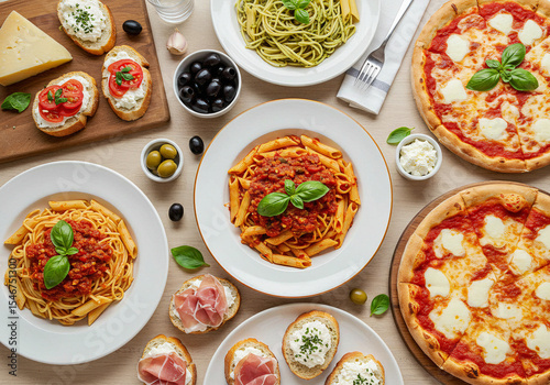 Flat Lay of Classic Italian Cuisine – Delicious Pasta, Pizza, Olives, and Antipasto Toasts for an Authentic Feast