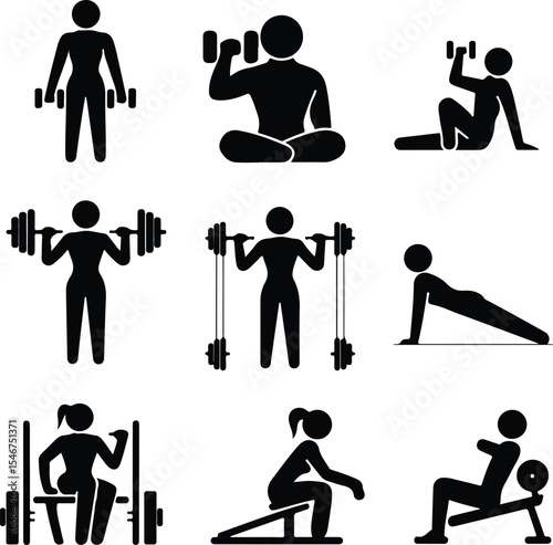 Workout Icons Silhouette Collection – Bodybuilding & Exercise Poses Gym Workout Pose Icon Silhouette Set – Fitness Action Vector Pack