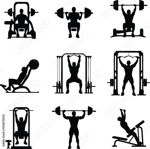 Workout Icons Silhouette Collection – Bodybuilding & Exercise Poses Gym Workout Pose Icon Silhouette Set – Fitness Action Vector Pack