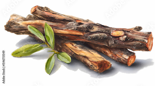 Watercolor Illustration of Khair Bark (Catechu) – Herbal Bark Pieces on White Background


