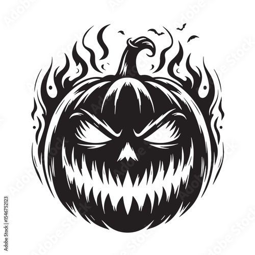 Black Angry Pumpkin Face Silhouette Vector on White Background