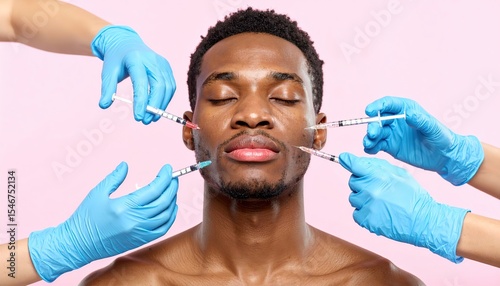 cosmetic procedures, injections are given to a man in the face