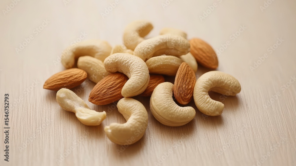 Fototapeta premium Close-up of a small pile of almonds and cashews on a light wooden surface.