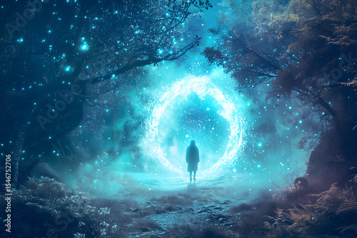 Distant figure facing a glowing portal in a forest clearing, blue bioluminescent light, magical scene