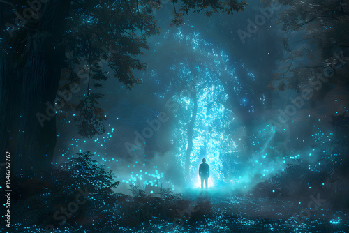 Distant figure facing a glowing portal in a forest clearing, blue bioluminescent light, magical scene
