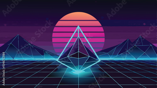 Retro futuristic landscape with geometric shapes and glowing neon elements design