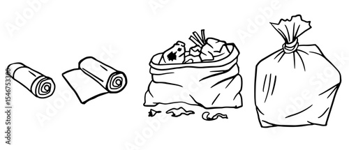 trash bag using steps line art  illustration, an open garbage bag with waste, and a tied full bag useful for cleaning visuals, sanitation guides, or packaging icons.