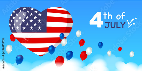 Flat vector greeting card of a heart-shaped American flag balloon with red, white and blue balloons over clouds against a gradient sky. Ideal for 4th of July banners, posters.
