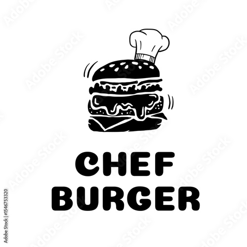 Burger silhouette with melting layers and a chef hat, labeled ideal for menus, branding, stickers, or foodie humor