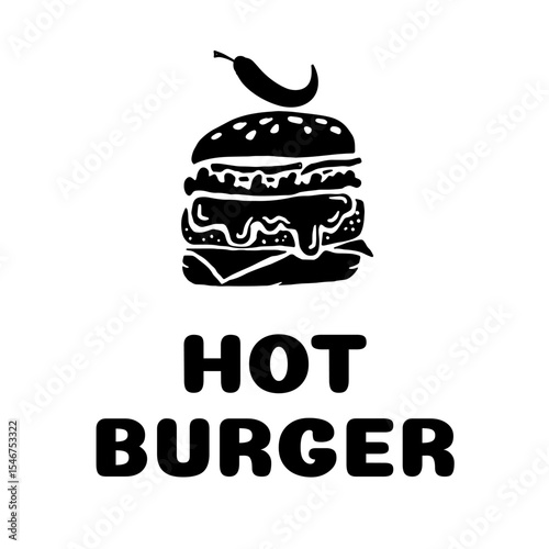 Monochrome vector illustration of a spicy burger with melting cheese, sesame bun, lettuce and chili pepper topper. Flat minimal style ideal for food branding, menus and logos.