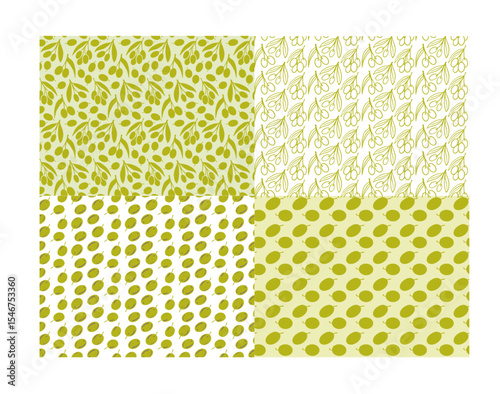 Four seamless olive branch and olive fruit patterns in green and white. Flat botanical style perfect for packaging, textiles, backgrounds, branding, invitations.