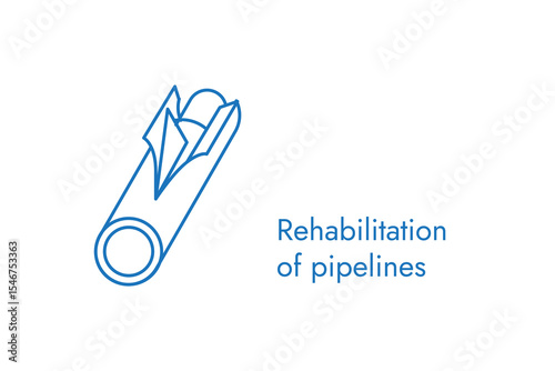 pipeline rehabilitation lining inserted into a pipe. Monochrome Minimal vector line art icon ideal for engineering, oil & gas, construction manuals, websites.