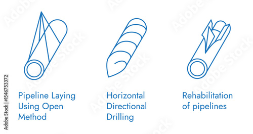 Minimal vector line art icons of open-trench pipeline laying, horizontal directional drilling and pipeline rehabilitation. Ideal for engineering, oil & gas, construction.