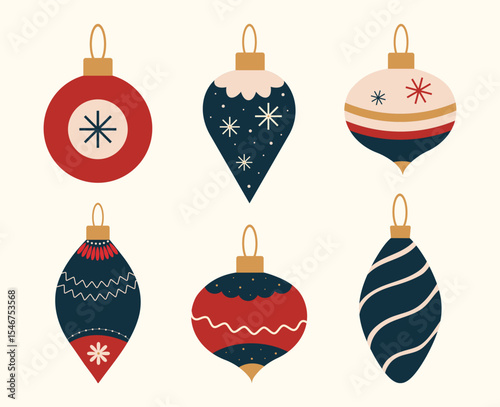 Christmas baubles set with trendy geometric ornament. Merry Christmas background for decorations, gift, greeting card, poster. Xmas balls in flat, minimalist, hand drawn, style. Isolated vector illust