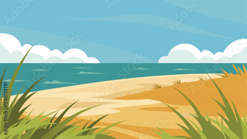 Scenic beach landscape with grass and sea under blue cloudy sky illustration