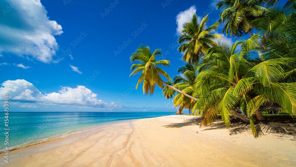 Fototapeta premium Tropical beach scene palm trees white sand blue ocean free beach background