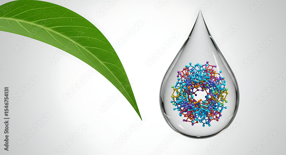 Fototapeta premium A powerful conceptual image illustrating the link between nature and science. A vibrant, fresh green leaf is positioned next to a perfectly clear droplet of water