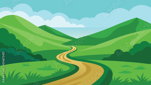 Scenic cartoon illustration of a winding road through lush green rolling hills